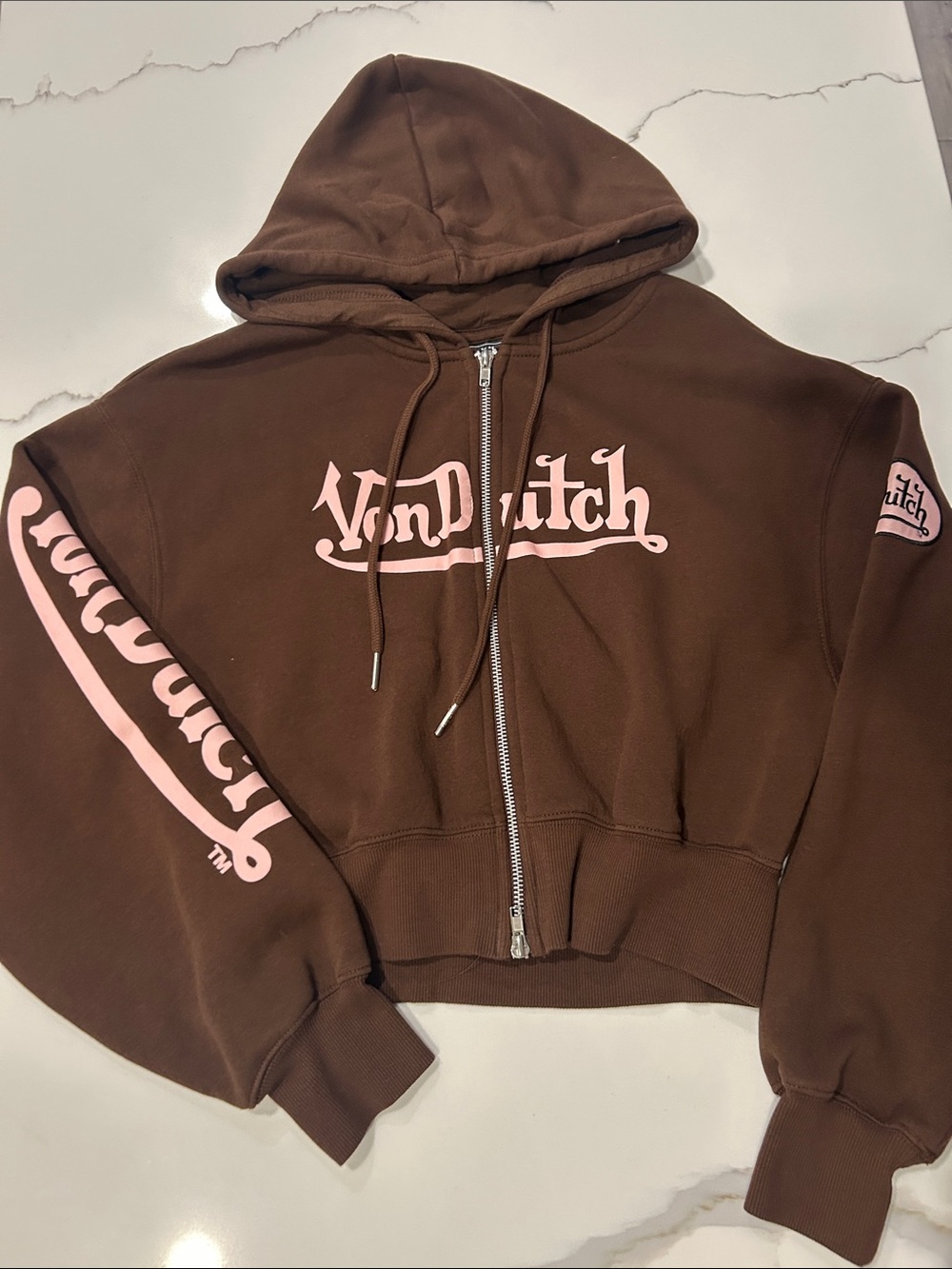 Von Dutch Brown Hoodie with Pink Logo Zip Front